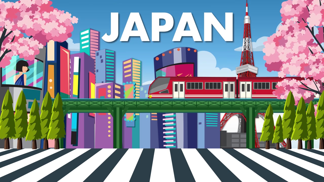 走る電車と満開の桜が特徴の、日本の都市を描いたカラフルな2Dフラットアニメーション