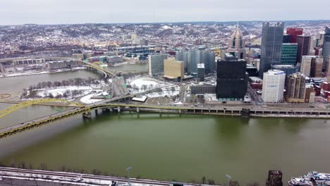 aerial view of monongahela river with pittsburgh skyline downtown in the background