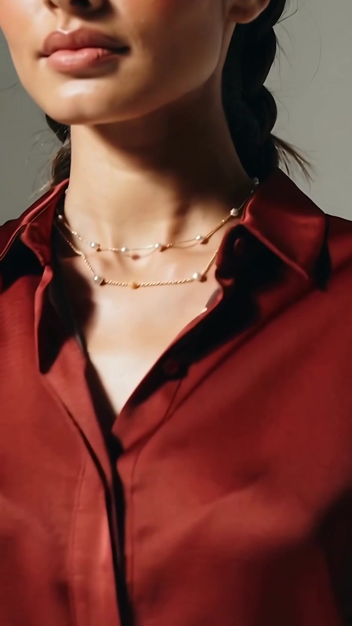 Video verticale: Zoom indietro dell'obiettivo, modella che si gira e alza il mento in studio mostrando un top rosso e catene d'oro