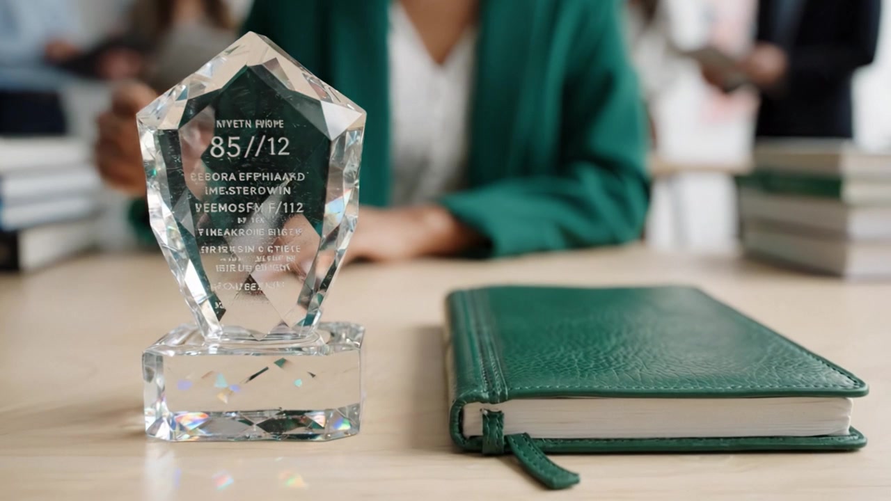 Celebrating Achievement: An Individual Holding a Crystal Award Amidst Colleagues in a Professional Environment, Highlighting Recognition and Accomplishment.
