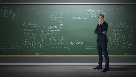 businessman standing against formulas