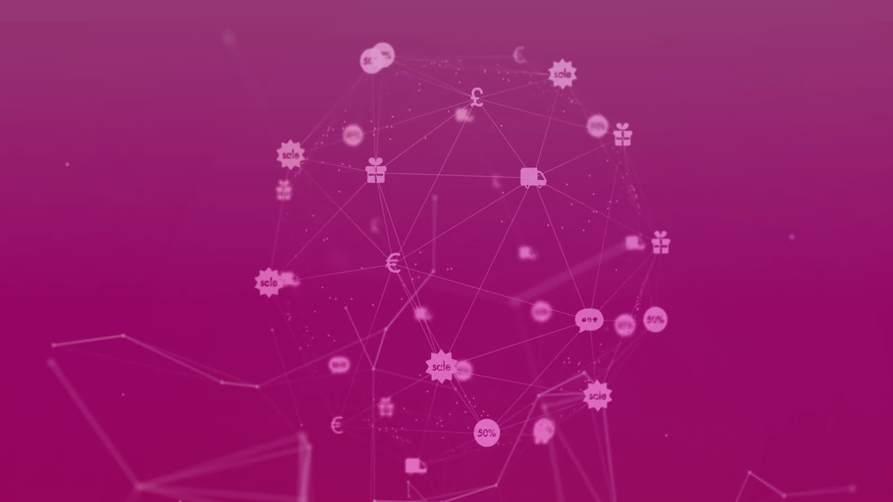 animación de la red de conexiones con iconos en fondo rosa