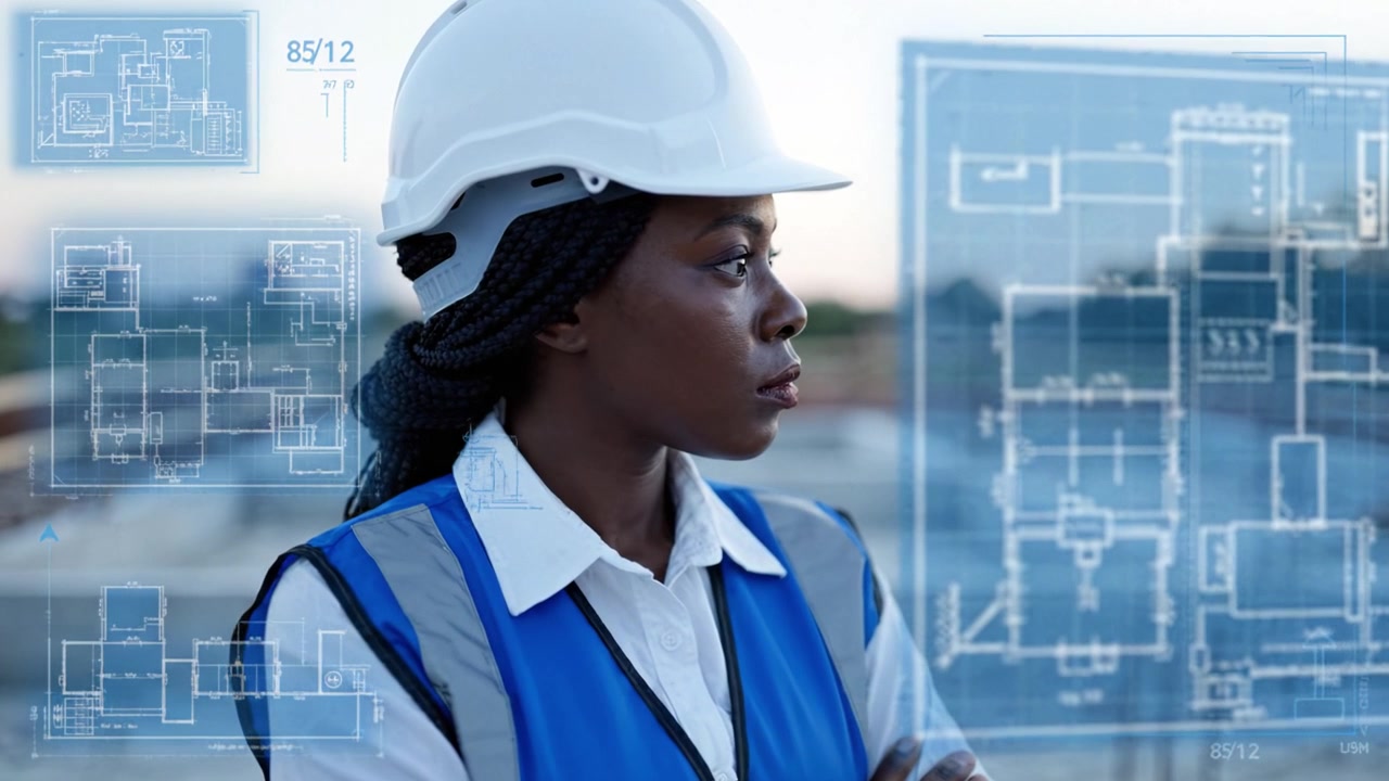 A construction worker in a hard hat and reflective vest stands confidently on-site, contemplating architectural plans while overseeing the building process.
