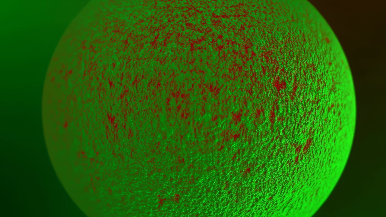Green Textured Sphere Closeup Rotating Slowly, Red Flecks Scattered Across Rough Porous Surface, Moody Studio