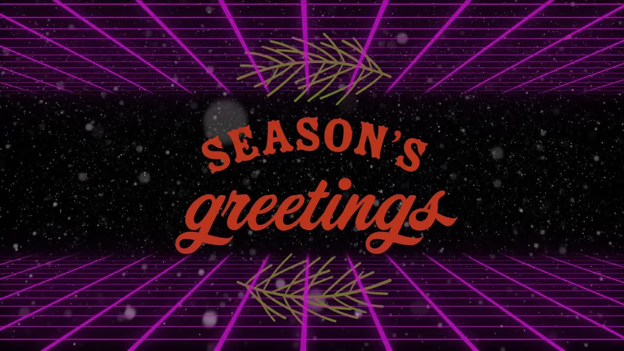 Animation of snow falling and lines over season's greetings text on black background