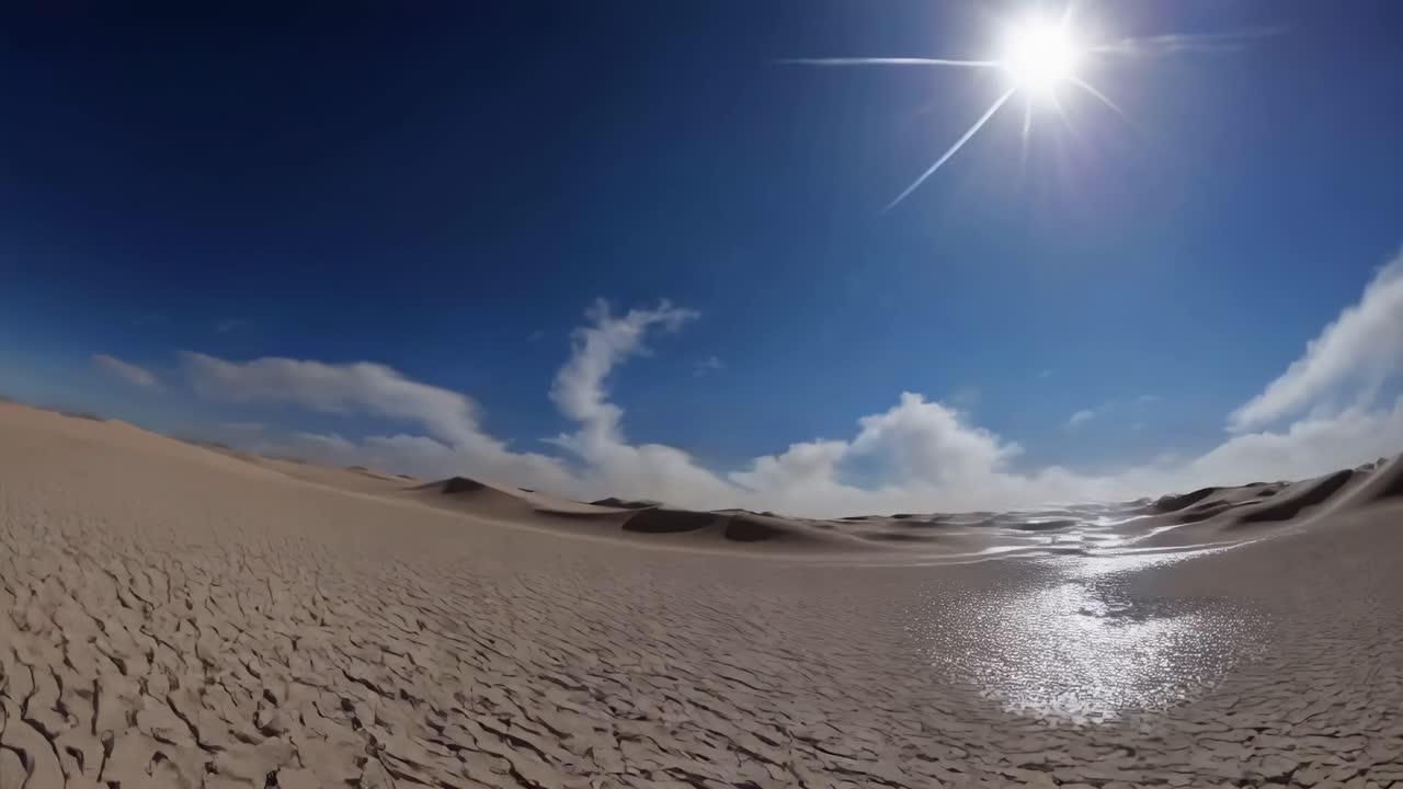 Wide-angle video captures a vast desert landscape under a bright sun, highlighting cracked earth