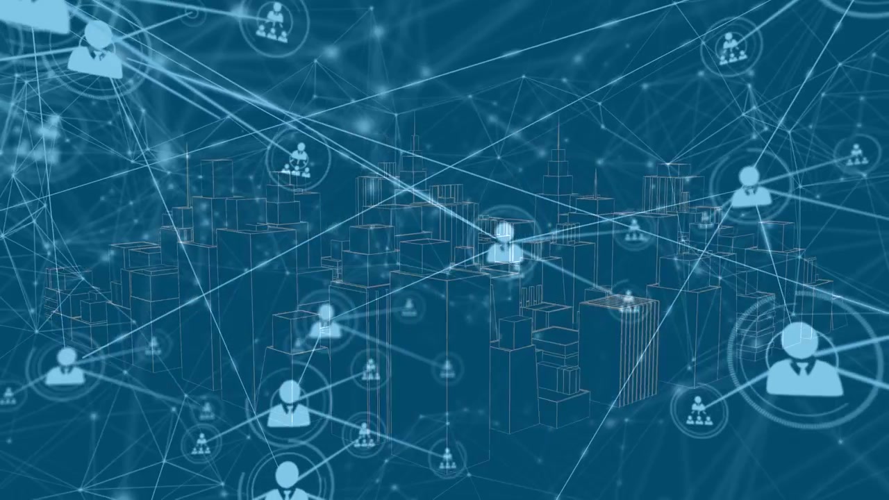 Animation of network of connections with icons over digital city