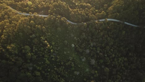 top view of countryside road passing through the green forrest and mountain