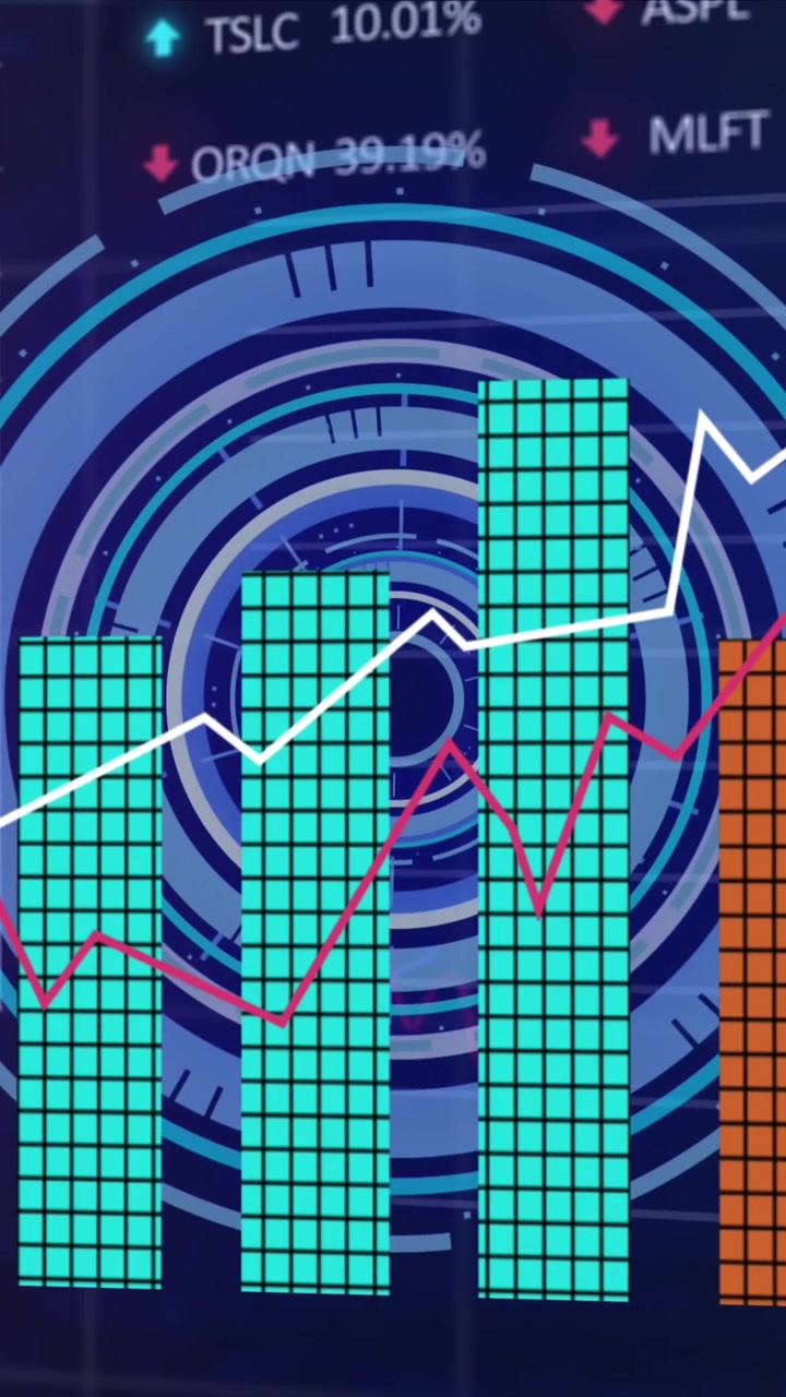 Animazione di grafici con numeri che cambiano, cinghiali commerciali, cerchi di caricamento e linguaggio informatico