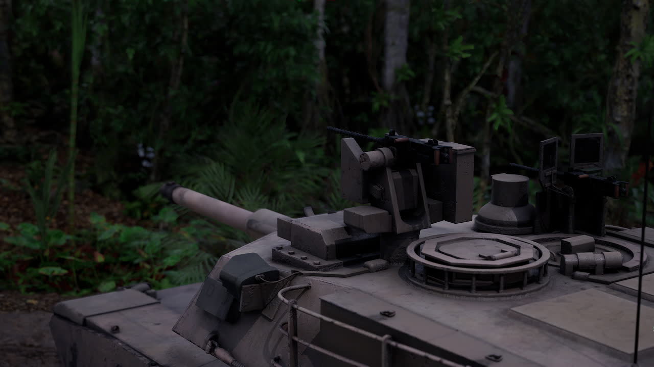 Military tank positioned in dense jungle landscape during daylight