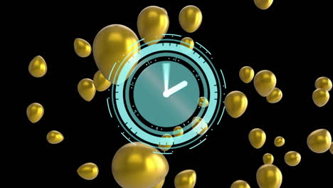golden balloons floating around futuristic clock animation on black background