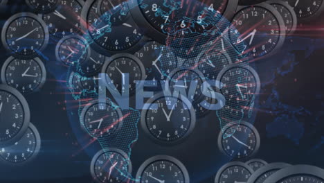 animation of news text over globe and moving colcks on black background