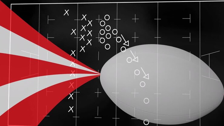Animation of drawing of game plan over rugby ball and red and white stripes