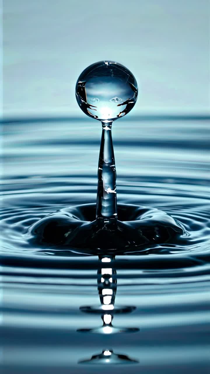 Nahaufnahme eines Videostills eines Wassertropfens, der Wellen auf einer ruhigen Oberfläche erzeugt, aus niedriger Perspektive aufgenommen.