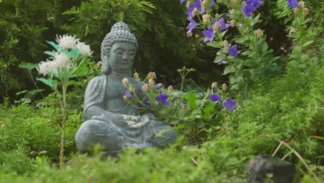 garden buddha statue in lotus position sits among garden flowers push shot