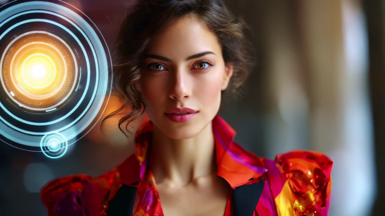 Un ritratto accattivante di una donna che mette in mostra moda, eleganza e un'espressione sicura di sé brillanti, esaltati da elementi digitali futuristici e luminosi sullo sfondo.
