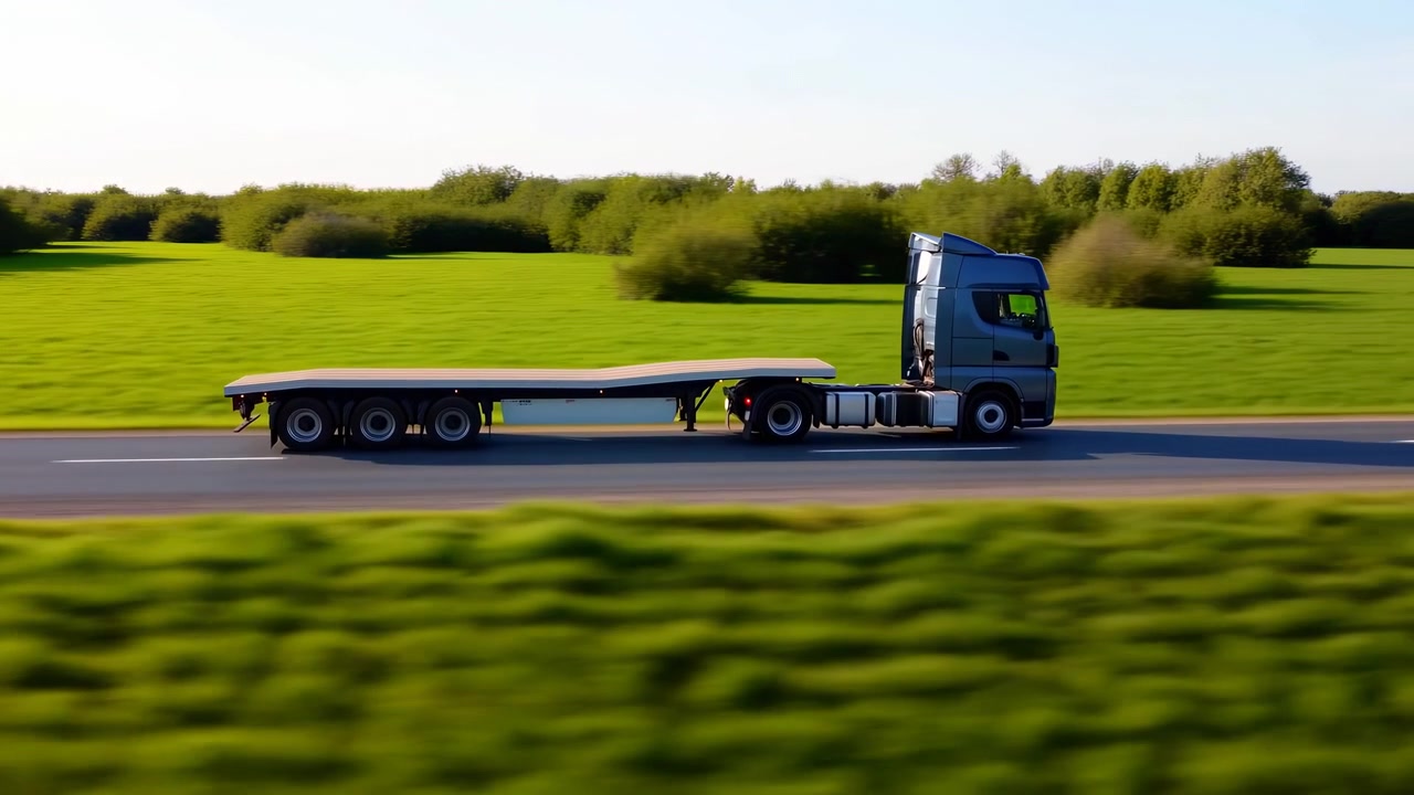 Empty Flatbed Truck Driving Through Green Fields, Panoramic Countryside Highway With Motion Blur