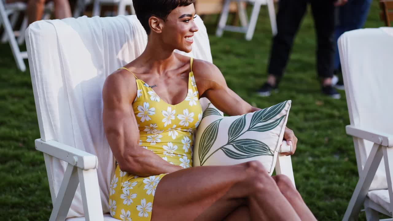 mujer relajándose al aire libre en un vestido floral