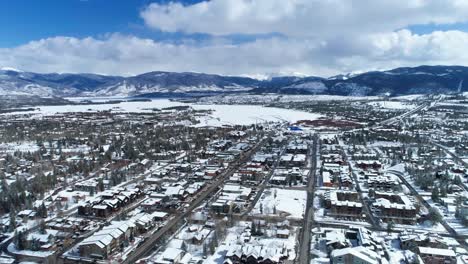 drone shot panning over frisco, co with views of frisco bay in the winter
