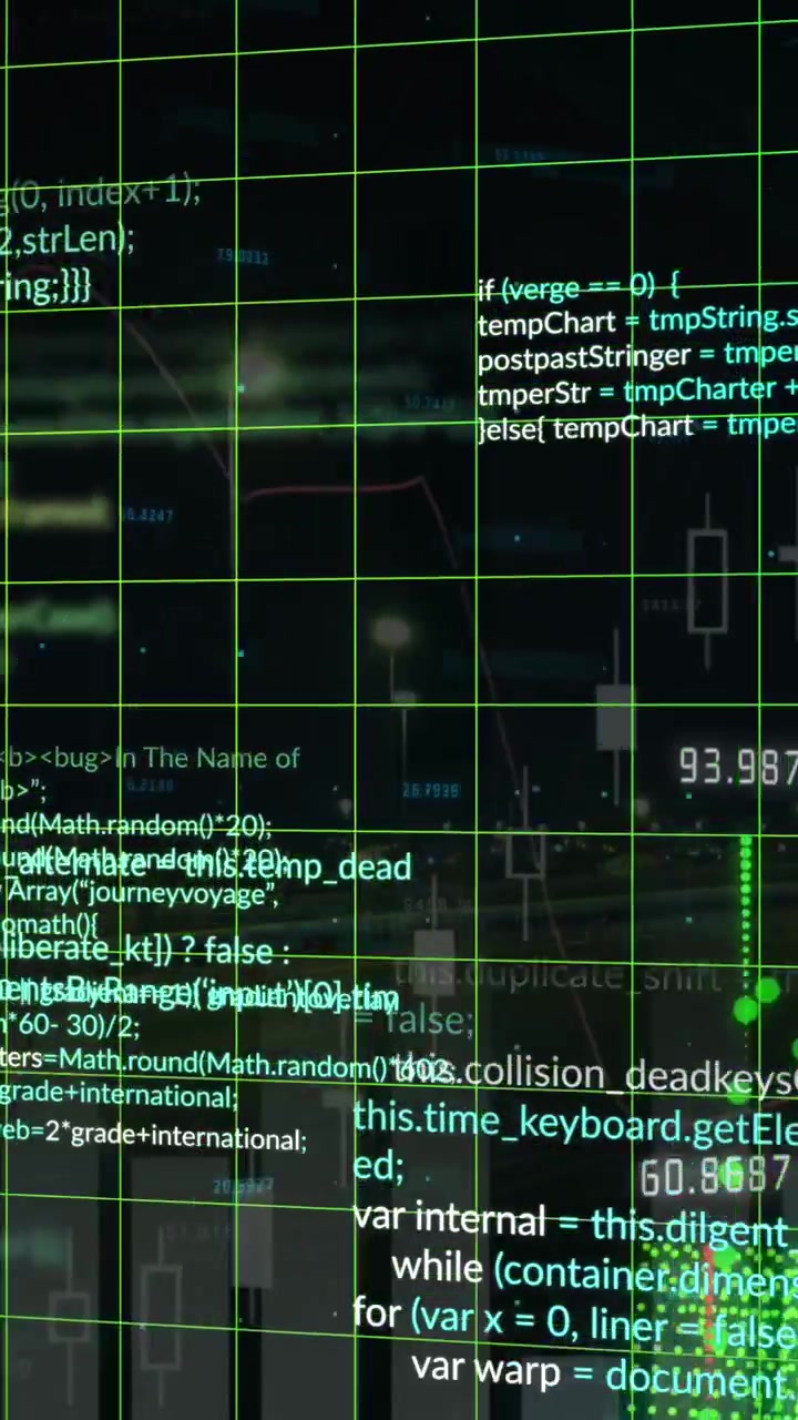 Animation of financial data processing over cityscape