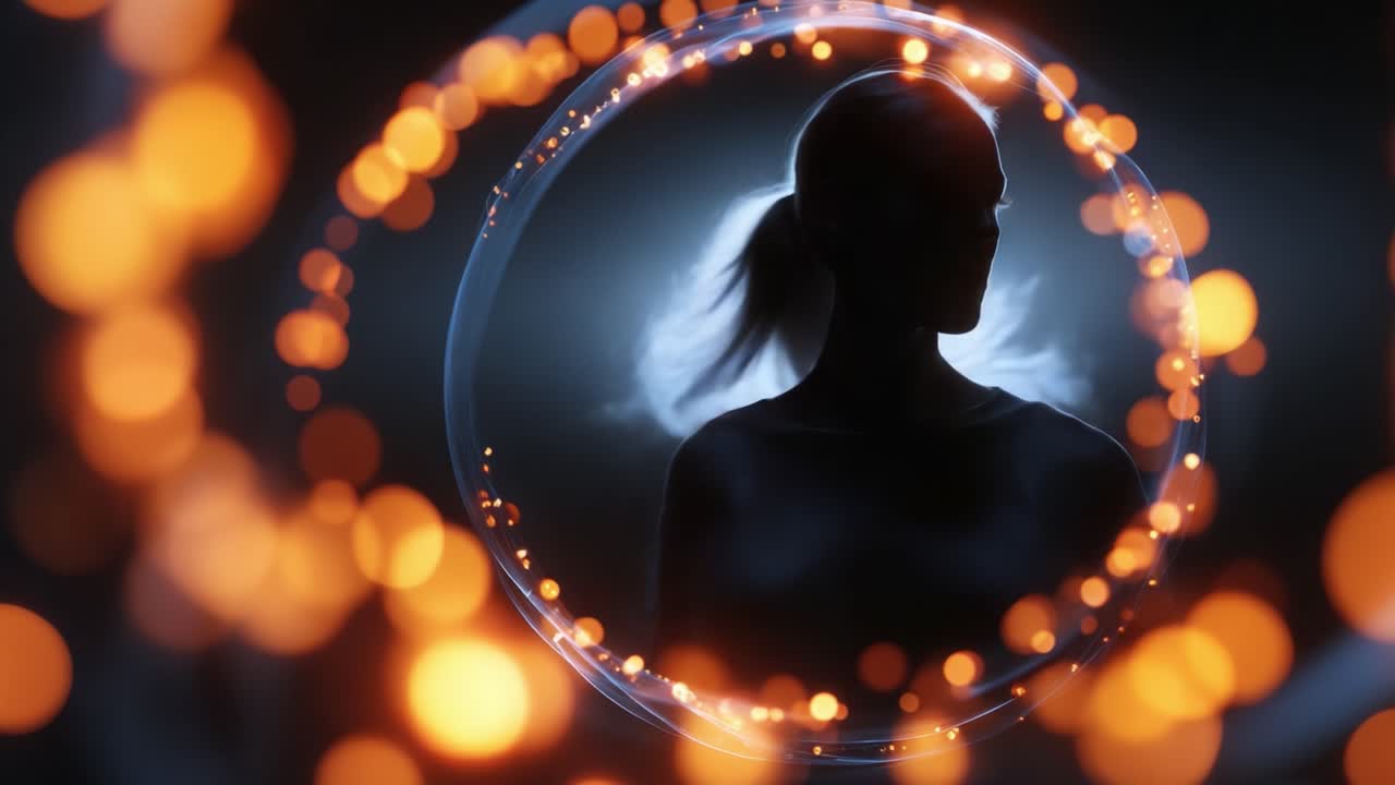 Silhouette di una donna in una cornice circolare luminosa circondata da luci vivaci e atmosfera mistica, che cattura incanto ed eleganza in movimento