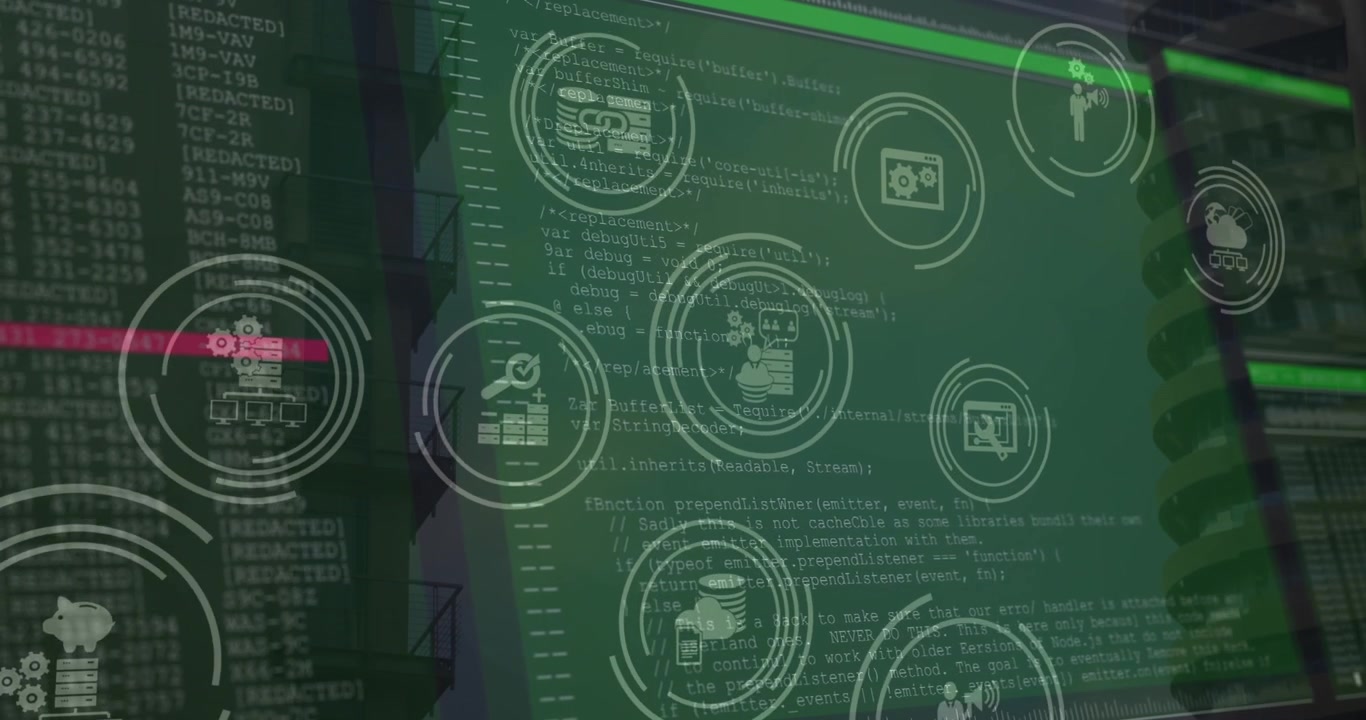 Animation af tech-ikoner og databehandling på grønne digitale skærme