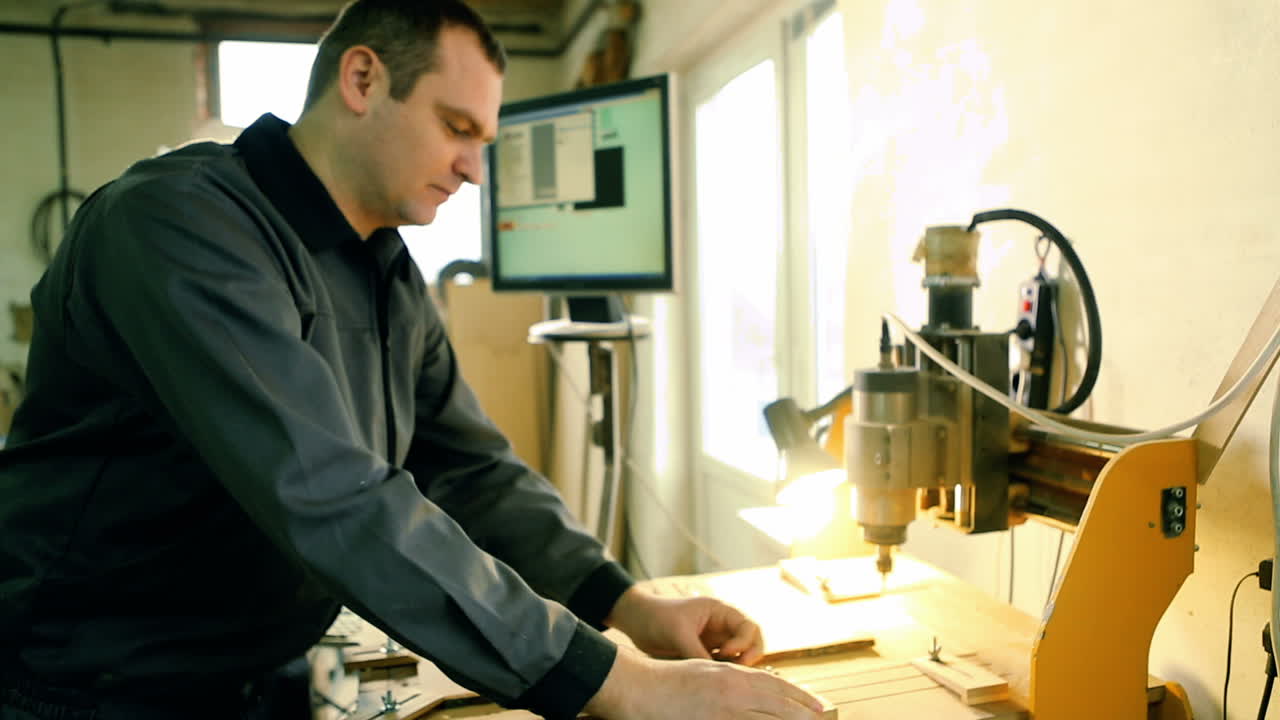 Industrial wood cut machine moves above working table and drills