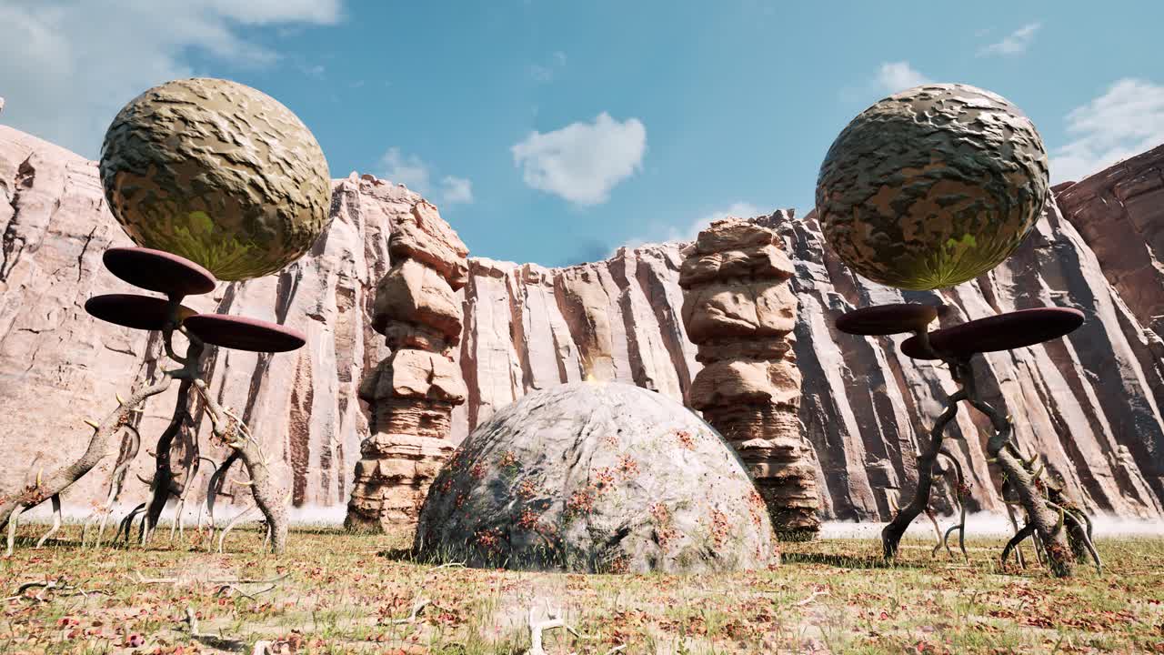 외계 식물과 공중에서 회전하는 유기 구와 함께 건조한 외계 행성 3d 애니메이션, 카메라 이 천천히, 아침 시간