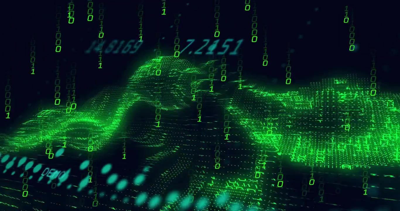 Initiating green grid undulating, teal ovals tracing sine path while binary rain visualizing data