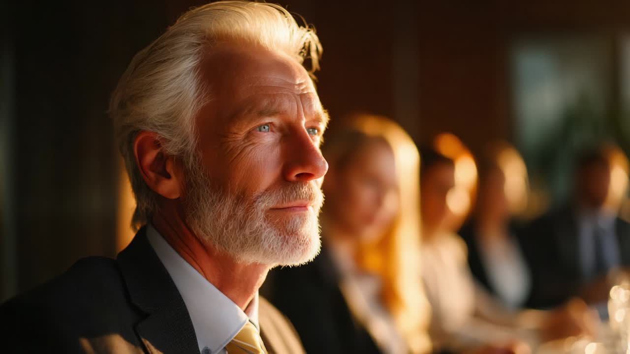 In a sunlit boardroom setting, an older gentleman with white hair and a beard ponders deeply during a significant meeting, capturing moments of reflection, insight, and leadership amidst attentive colleagues