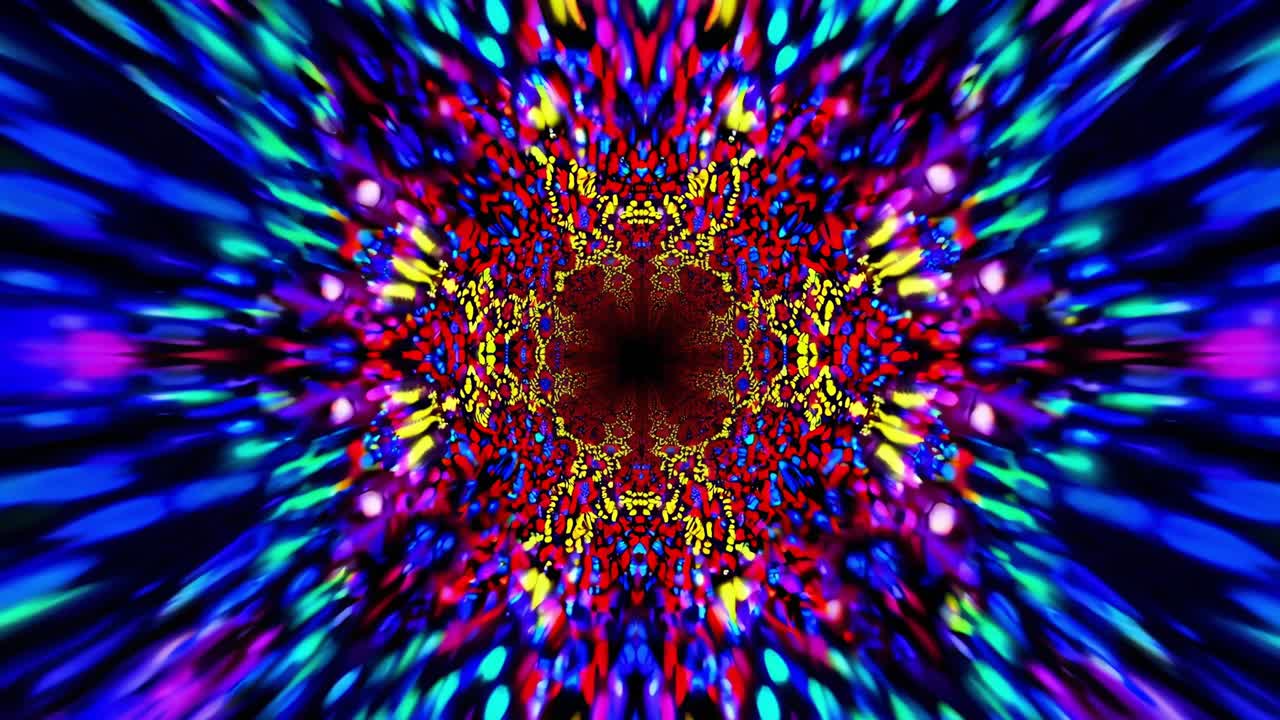 Colorful abstract motion blur effect created by a kaleidoscope tunnel experience, blending vibrant hues and dynamic patterns into a captivating visual journey