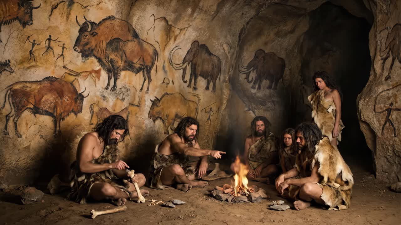 Abitanti preistorici delle caverne si riuniscono attorno a un falò con antiche pitture rupestri