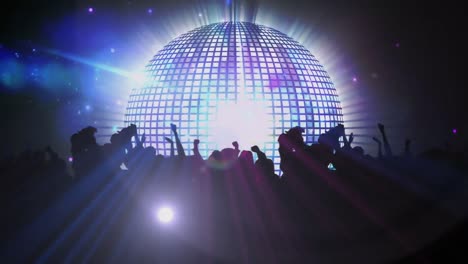 Animation-of-mirror-disco-ball-spinning-with-silhouettes-of-crowd-of-people-dancing-