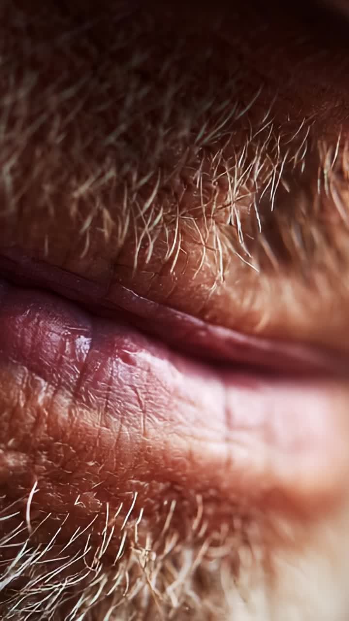 An Intimate Close-Up of Aging Lips and Facial Hair, Capturing the Intricacies of Texture and Color in Human Skin within a Soft Light Setting