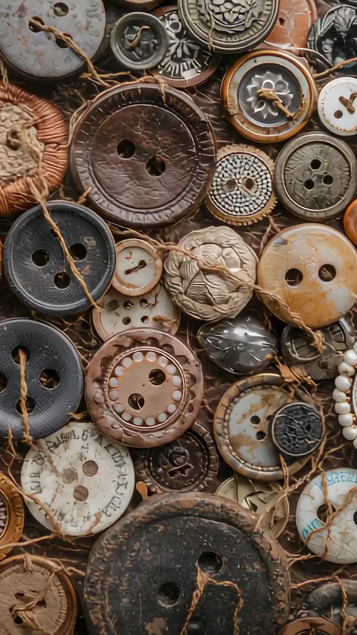 Video verticale: angolazione della camera a carrellata che rivela un collage di bottoni su un piano artigianale, con spago e perline
