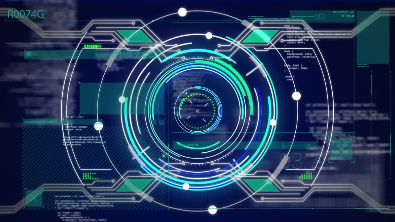 Animation of neon round scanner over interface with data processing against blue background