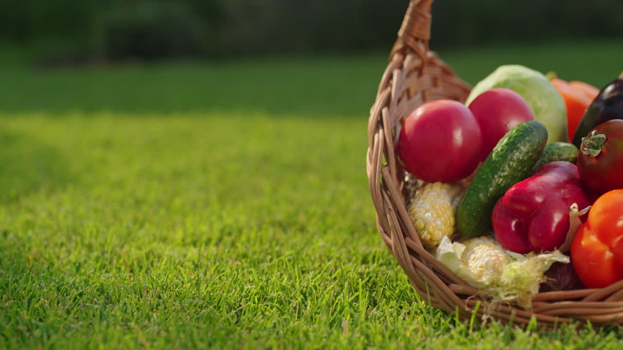 풀 위 에 있는 신선 한 채소 바구니