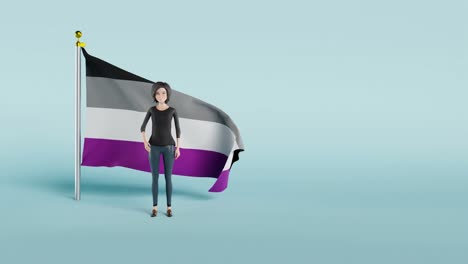 Winkende-Frau-Vor-Einer-Asexuellen-Flagge-An-Einer-Stange,-Mit-Einem-Animationsvideo-Mit-Blauem-Hintergrund