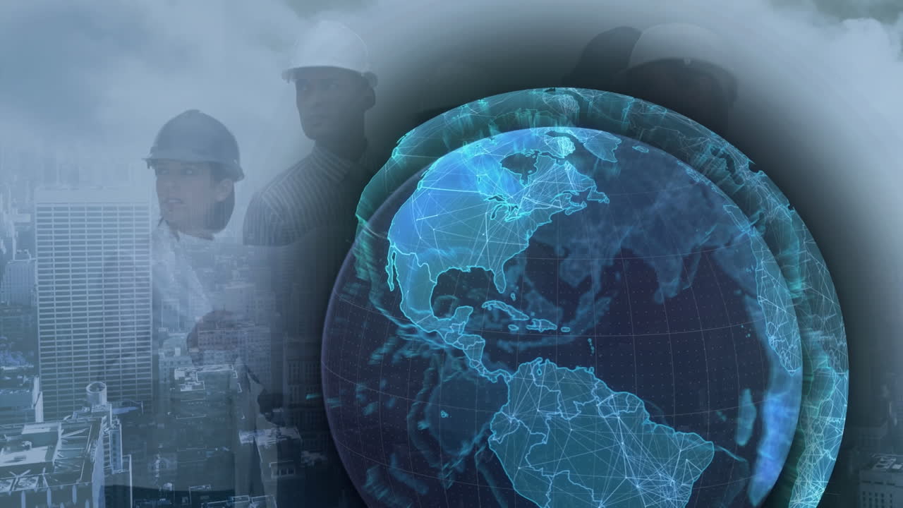 animación del globo sobre diversas personas de negocios y paisaje urbano