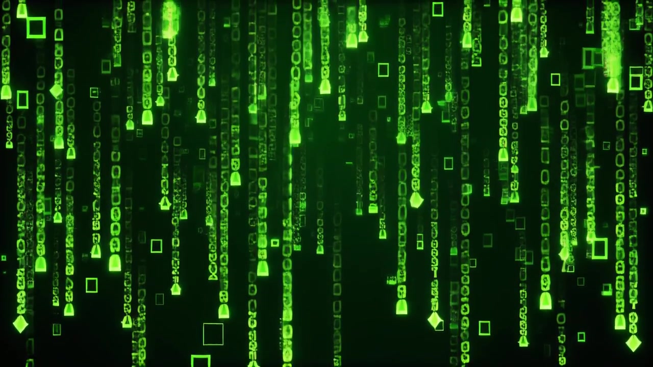 Digital Matrix Rain Effect with Falling Green Geometric Symbols