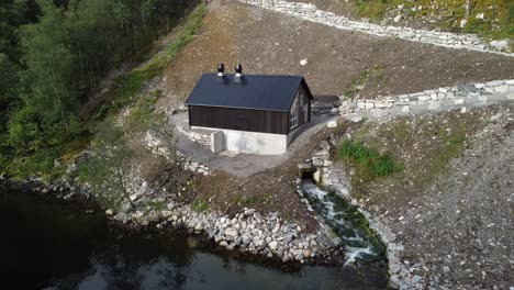 markani hydroelectric powerplant in vaksdal norway - aerial showing small powerplant with 10gwh yearly production built in 2021 owned by aventron and operated by captiva asset management