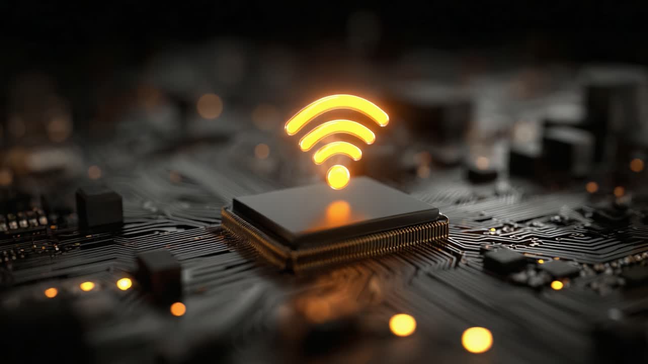 Illuminated Circuit Board with WiFi Signal Representation: A Close-Up on Modern Technology and Connectivity in the Digital Age