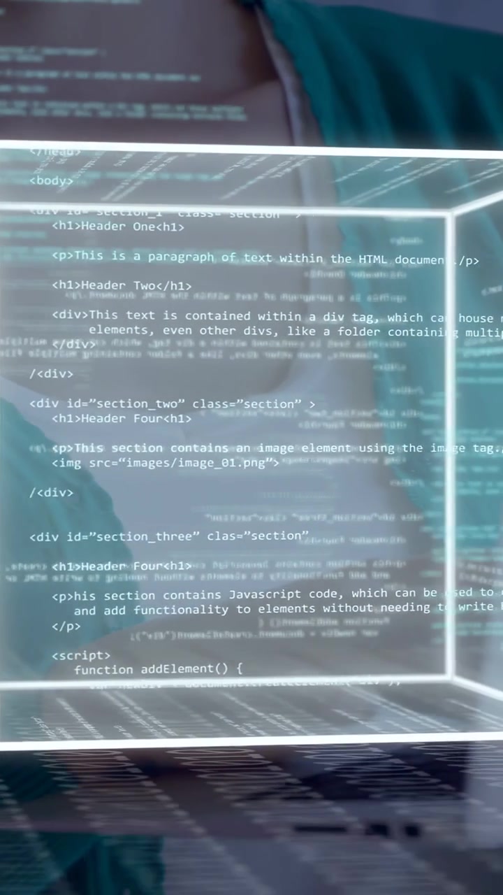 Vertikales Video: Tech-Entwickler hebt Hand auf Raster, Würfel zeigt Code für Demo, während Kollege zusieht