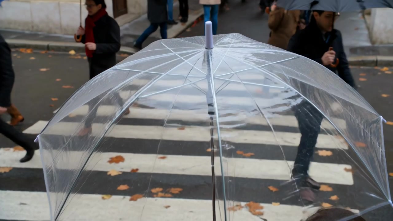 Avanzando sotto un ombrello trasparente, la telecamera attraversa le strisce pedonali per passare tra i pendolari in cappotto.