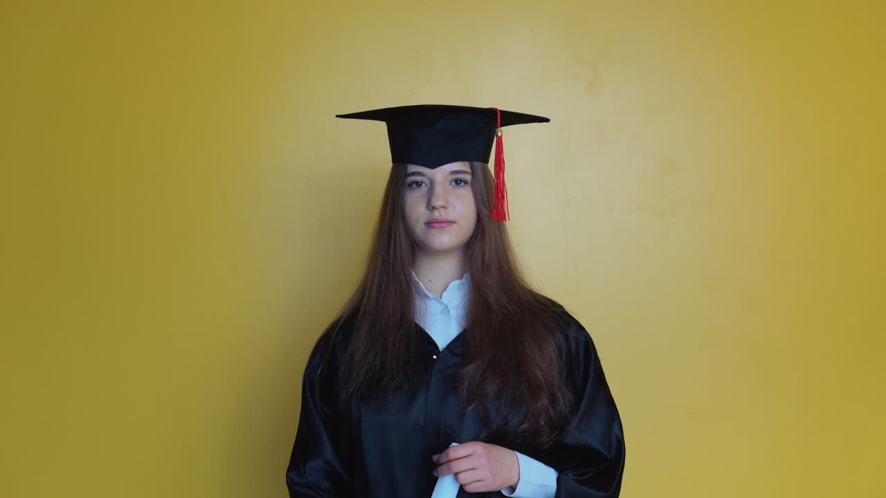 estudiante femenina caucásica en una túnica negra y sombrero en un fondo sólido amarillo mira a la cámara y sonríe