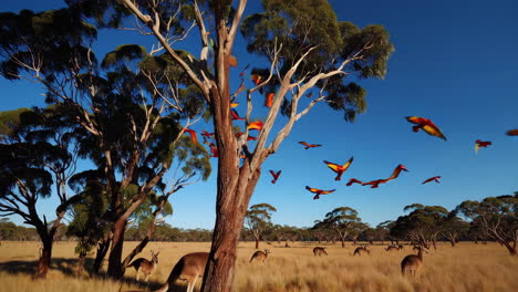 australian savanna with kangaroos and macaws