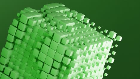 Abstract 3D cube structure composed of small blue cubes on a green background. Digital geometric design concept