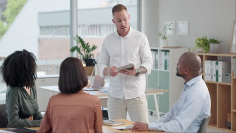 businessman, speaker and team with tablet