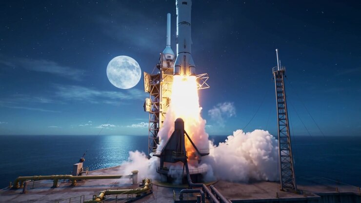 Igniting stacked rocket spooling engines, lifting off offshore pad to reach orbit, with moon