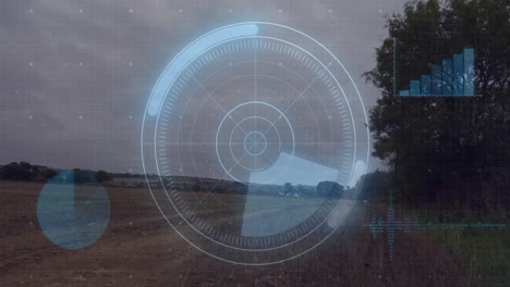 radar scanning animation over rural landscape with trees and cloudy sky